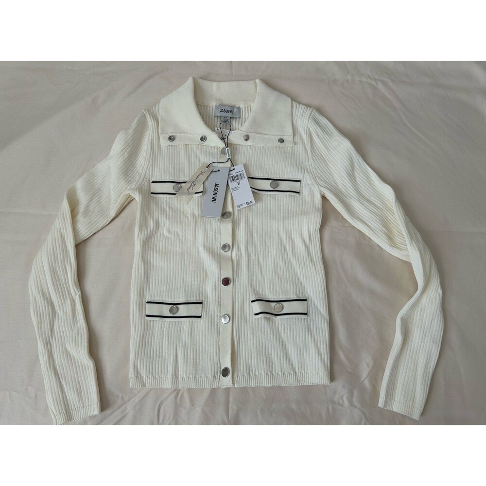 NWT Jason Wu Long Sleeve Collared Snap Sweater Top Ivory/black SZ S MSRP $88